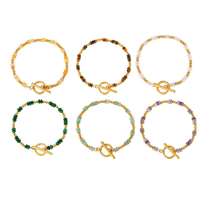 Pulseira de Corrente com Fechos OT e Contas Espaçadoras Pequenas de Pedra Natural Vnox para Mulheres, Pulseiras de Ametistas, Malaquita e Aventurina Verde