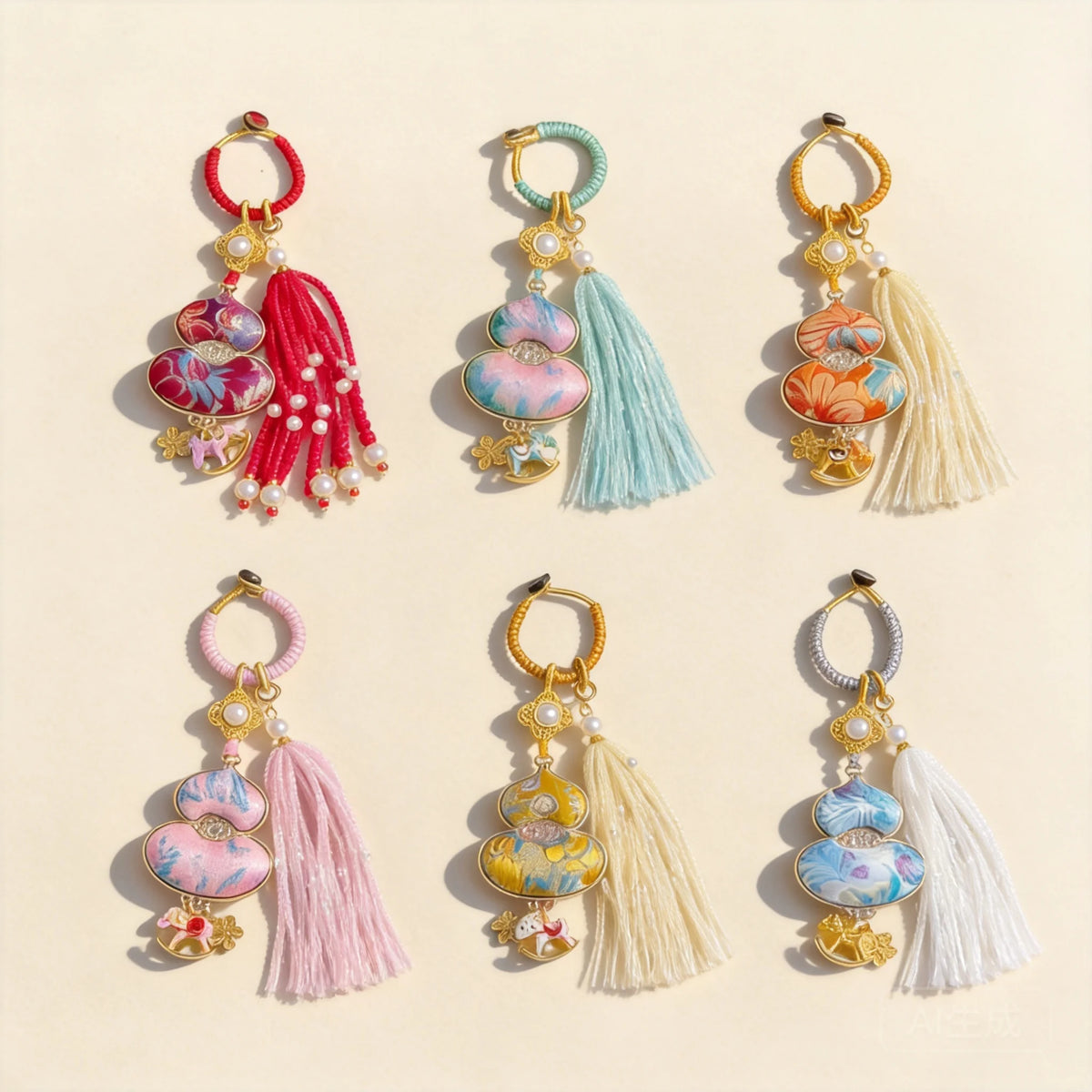 Pingente de Cabaça Auspiciosa Chinesa Artesanal com Bordado de Brocado Song e Borla de Contas, Charm para Bolsa e Enfeite para Carro, para Boa Sorte e Fortuna