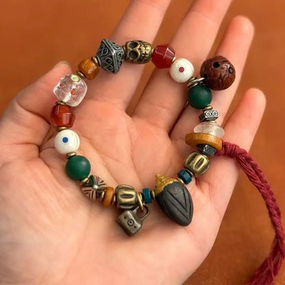 Pulseira de Bênção Estilo Tibetano Tradicional com Osso de Yak, Osso de Camelo, Conta Dzi, Turquesa, Ágata, Estrela, Lua e Bodhi - Joia da Sorte e Fortuna