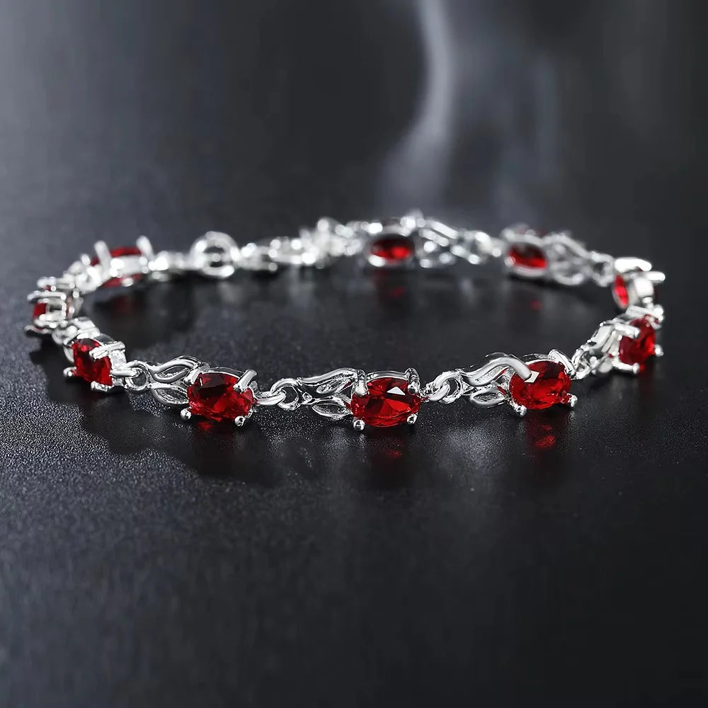 Pulseiras de corrente com cristais vermelhos vibrantes em prata de lei 925, para mulheres, ideais para festas, casamentos e como lindos presentes de Natal. Joias requintadas.