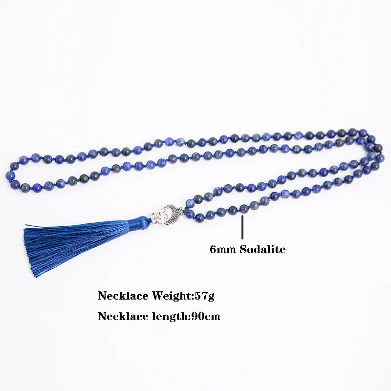 108 Mala Natural Sodalite Feito à Mão Nó Frisado Meditação Yoga Grande Cabeça de Buda Borla Colar Longo