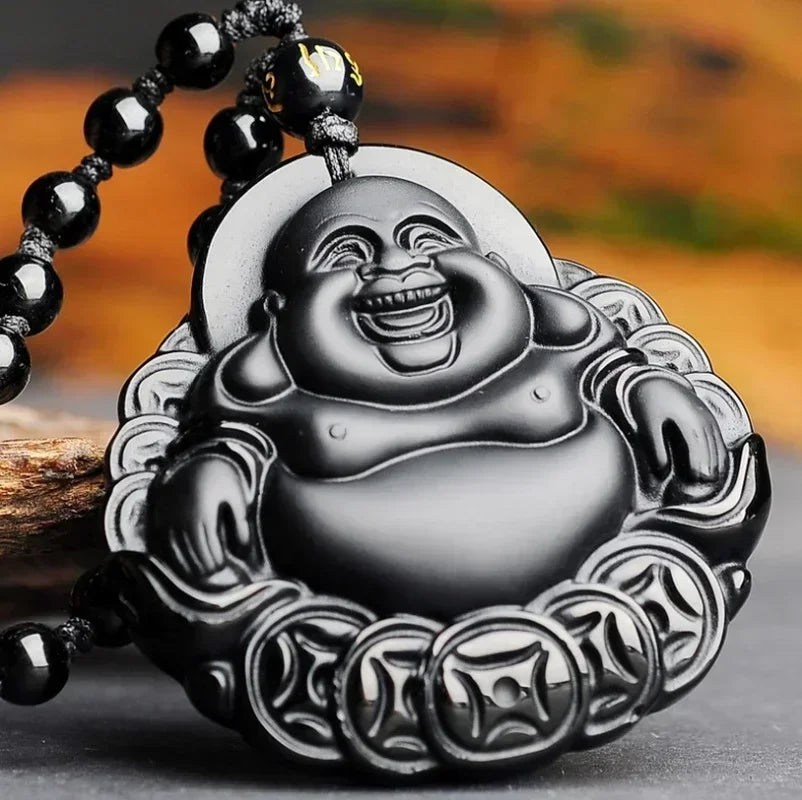 Colar com pingente de fofoca de obsidiana, escultura em forma de dragão e fênix, amuleto da sorte, joias de pérola mantra de seis caracteres