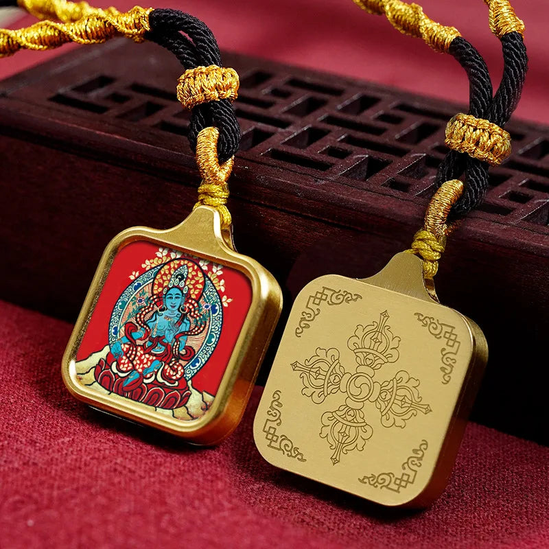 Vintage titânio aço thangka pingentes estilo tibetano zhakiram amarelo deus da riqueza colar talismã masculino e feminino