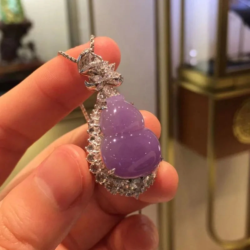 Estilo chinês Natural Calcedônia Clavícula Cadeia para Mulheres, Pingente Cabaça Violeta, Requintado e Colar Estéreo de Alta Qualidade