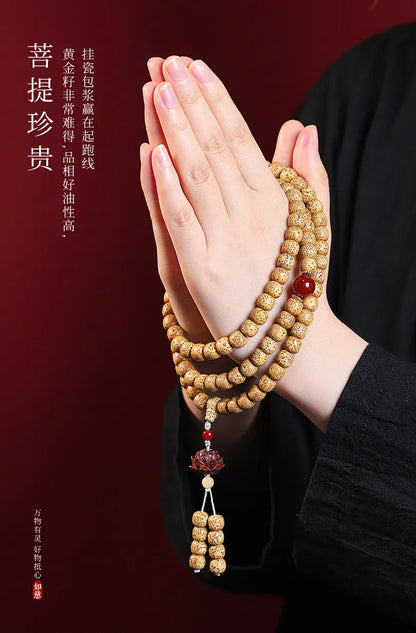 Pulseira de Contas 108 Sementes de Bodhi Douradas Naturais Envelhecidas Estrela e Lua, Contas de Oração Wenwan Mala para Homens e Mulheres, Joia para Alívio do Estresse, Presente
