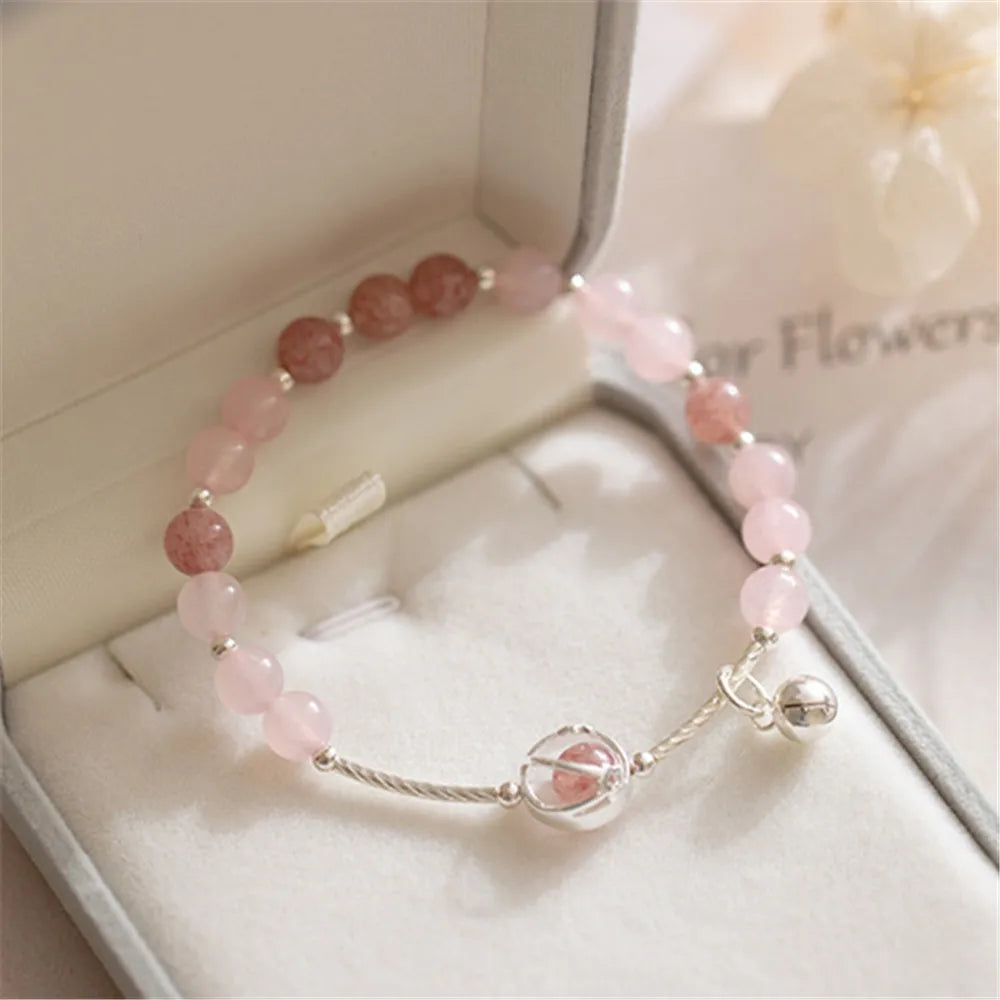 S925 Pulseira de prata Pingente de sino para mulheres, quartzo morango natural, quartzo rosa, artesanal, romântico, joias finas, presente para menina