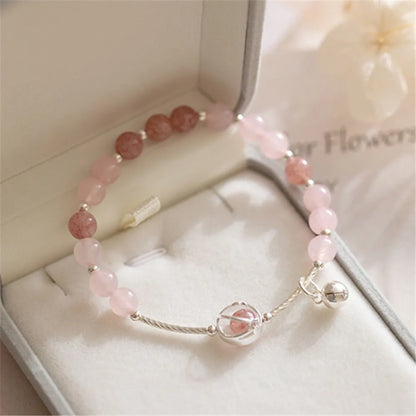 S925 Pulseira de prata Pingente de sino para mulheres, quartzo morango natural, quartzo rosa, artesanal, romântico, joias finas, presente para menina