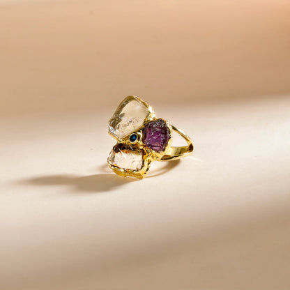 Anéis clássicos de ametista natural, quartzo branco, zircônia, pedra preciosa, joia banhada a ouro 18k, anel de dedo feminino, festa de casamento ajustável
