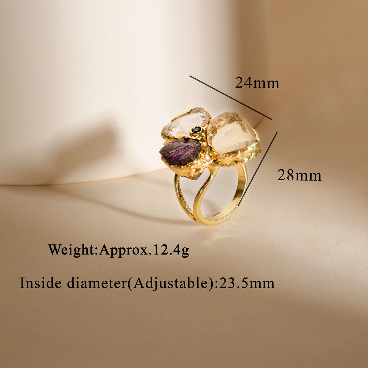 Anéis clássicos de ametista natural, quartzo branco, zircônia, pedra preciosa, joia banhada a ouro 18k, anel de dedo feminino, festa de casamento ajustável