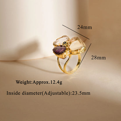 Anéis clássicos de ametista natural, quartzo branco, zircônia, pedra preciosa, joia banhada a ouro 18k, anel de dedo feminino, festa de casamento ajustável