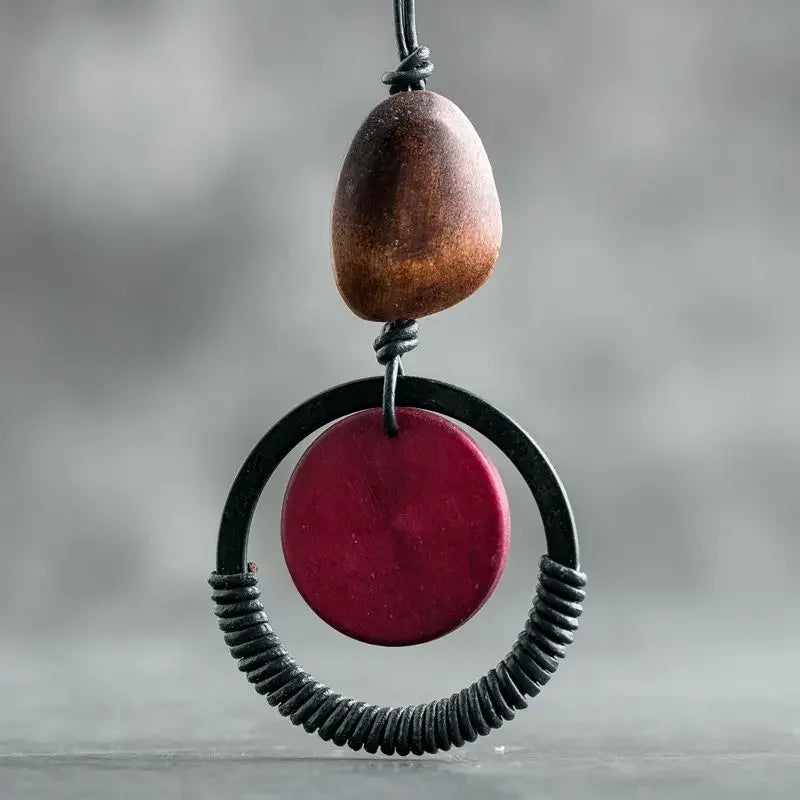 Colar longo com pingente de madeira para mulheres, vintage, boho, joias em camadas, presente exclusivo, feito à mão, retrô, peça de declaração diária