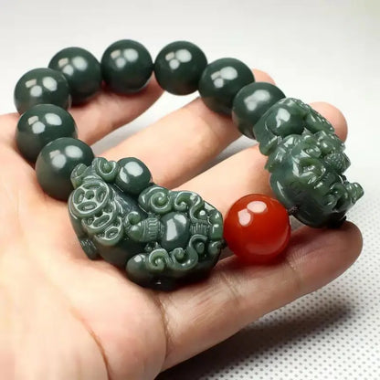 Pulseira dupla Pixiu de jade verde Pulseira de contas de Buda Pulseiras masculinas e femininas