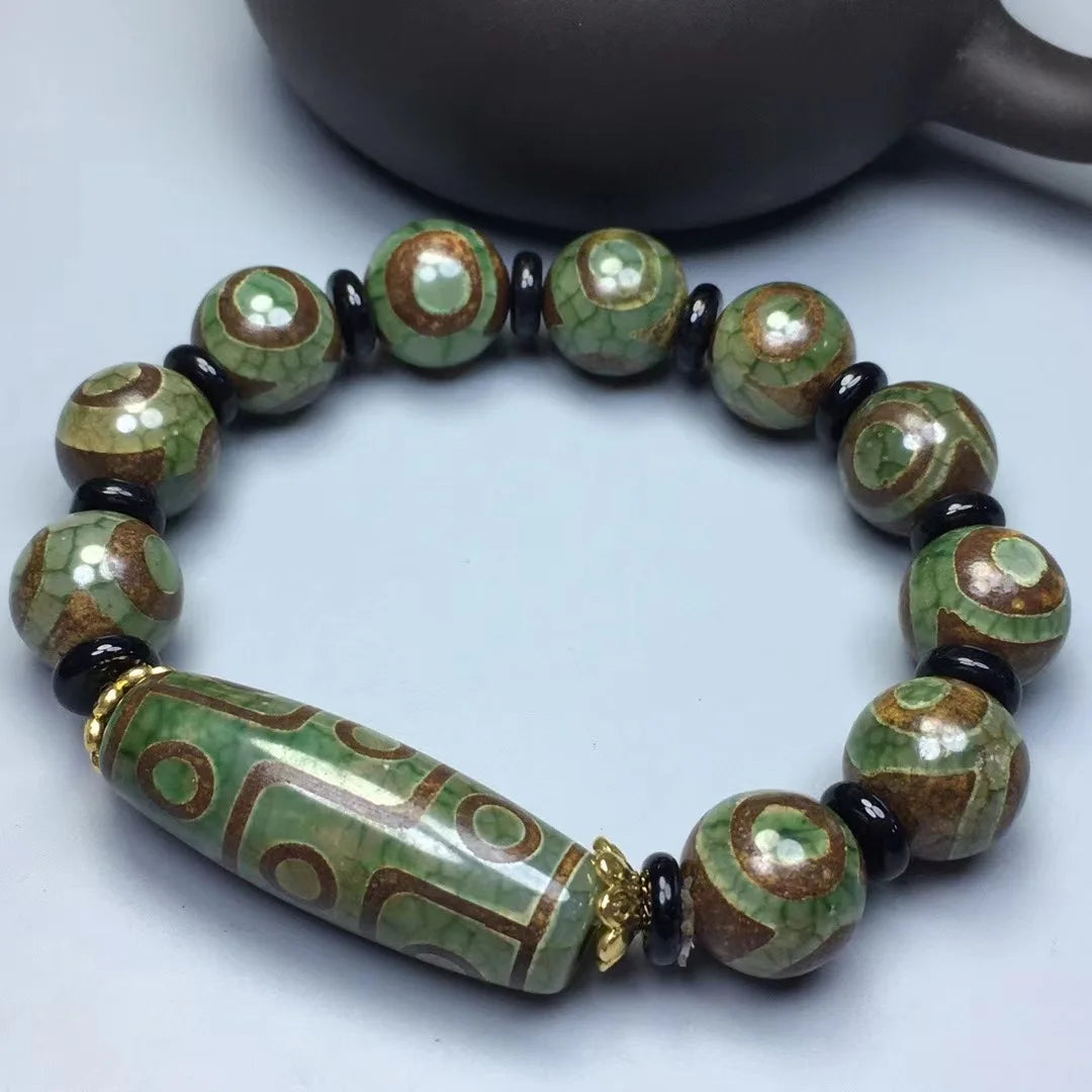 Green Jade 9 Eye Tibet Dzi Bead Pulseira para Homens, Budismo Tibetano, Ágata Fengshui, 3 Olhos Dzi Beads, Pulseiras de Amuleto de Sorte