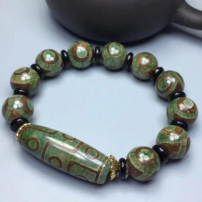 Green Jade 9 Eye Tibet Dzi Bead Pulseira para Homens, Budismo Tibetano, Ágata Fengshui, 3 Olhos Dzi Beads, Pulseiras de Amuleto de Sorte