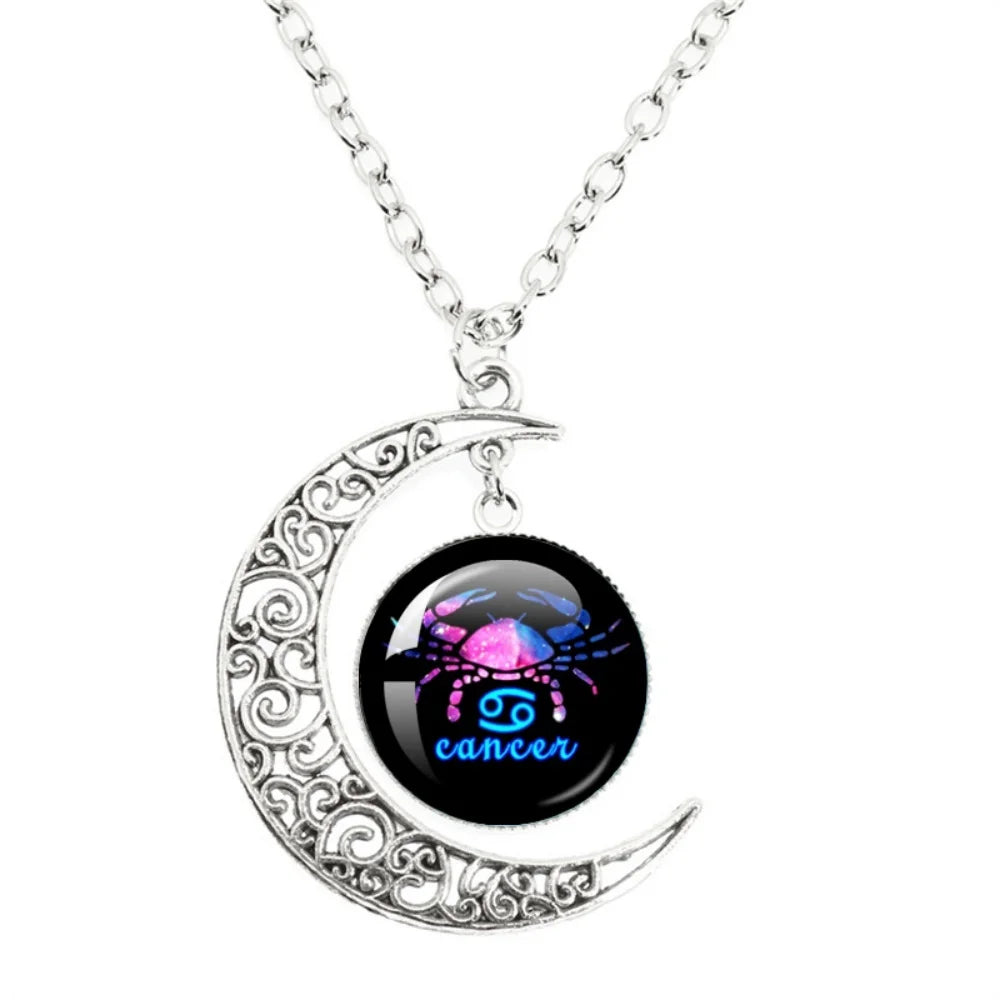 12 signos do zodíaco cúpula de vidro lua crescente pingente colar taurus câncer aquário peixes colar moda festa jóias presente