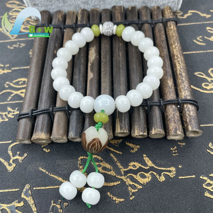Pulseira Budista de Sementes Bodhi de Jade Branco Natural Ajustável com Contas de Lótus, Joia de Meditação Zen, Presente Artesanal Espiritual para Homens e Mulheres