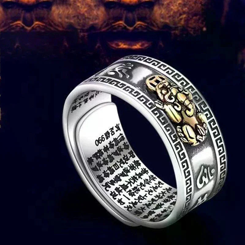 Anel Feng Shui PIXIU com Amuletos, Anel Ajustável com Escultura de Escritura para Prosperidade e Sorte, Joia para Mulheres e Homens, Presente