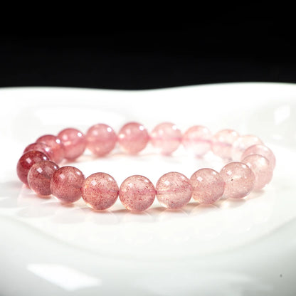 Pulseira de Cristal Natural Original de Quartzo Morango Gradiente Rosa com Contas Redondas para Mulheres, Ideal para Presente com Certificado