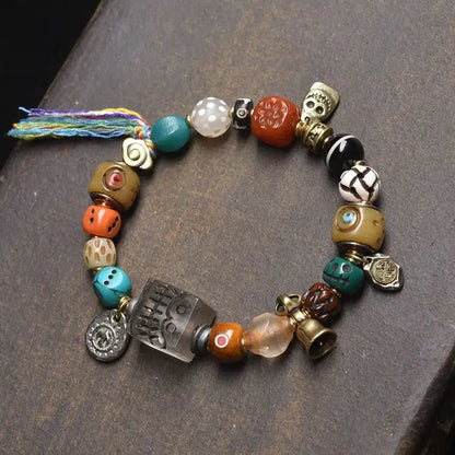 Pulseira de Bênção Estilo Tibetano Tradicional com Osso de Yak, Osso de Camelo, Conta Dzi, Turquesa, Ágata, Estrela, Lua e Bodhi - Joia da Sorte e Fortuna