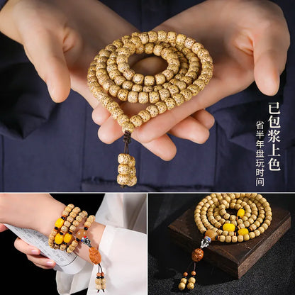 Pulseira de Contas 108 Sementes de Bodhi Douradas Naturais Envelhecidas Estrela e Lua, Contas de Oração Wenwan Mala para Homens e Mulheres, Joia para Alívio do Estresse, Presente