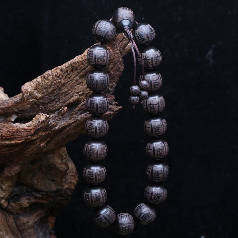 Natural ebony frisado tibetano budista pulseira 18mm 20mm masculino amuleto elástico