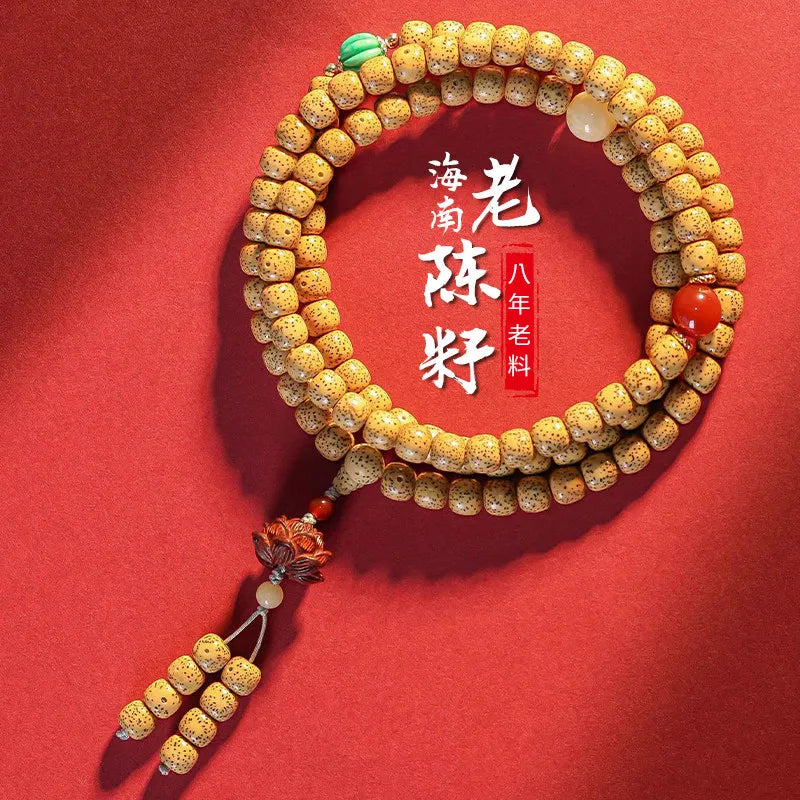 Pulseira de Contas 108 Sementes de Bodhi Douradas Naturais Envelhecidas Estrela e Lua, Contas de Oração Wenwan Mala para Homens e Mulheres, Joia para Alívio do Estresse, Presente