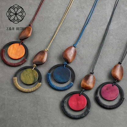 Colar longo com pingente de madeira para mulheres, vintage, boho, joias em camadas, presente exclusivo, feito à mão, retrô, peça de declaração diária