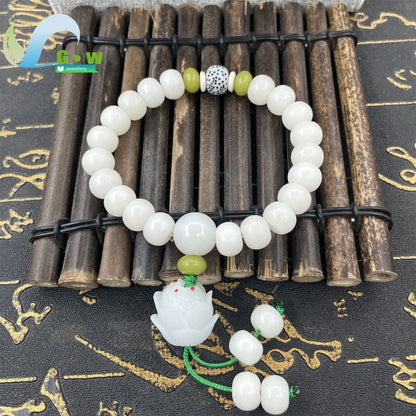Pulseira Budista de Sementes Bodhi de Jade Branco Natural Ajustável com Contas de Lótus, Joia de Meditação Zen, Presente Artesanal Espiritual para Homens e Mulheres
