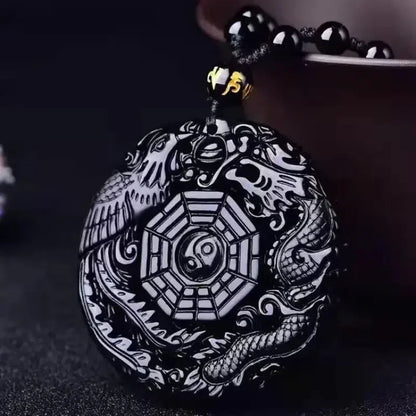 Colar com pingente de fofoca de obsidiana, escultura em forma de dragão e fênix, amuleto da sorte, joias de pérola mantra de seis caracteres