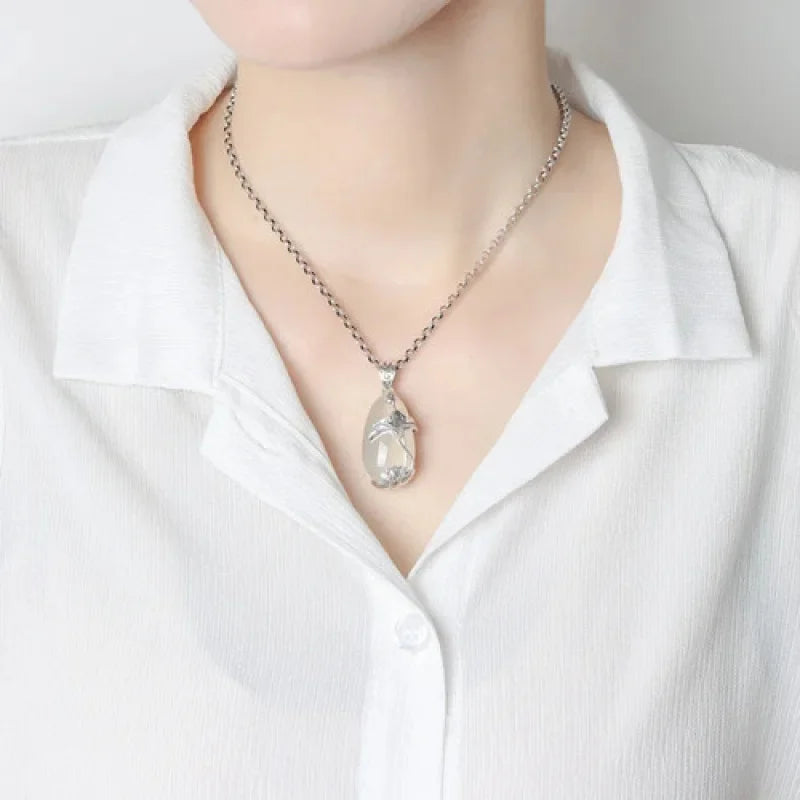 Colar branco de jade de gelo natural, pingente de flor de lótus koi, joias vintage