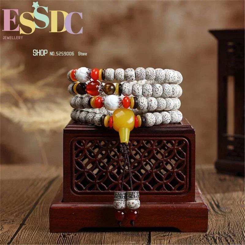 Pulseiras de Contas de Oração de 108 Contas de Semente Bodhi Estrela da Lua Branca Natural de Hainan e Pedra Olho de Tigre de Alta Densidade para Amantes da Moda