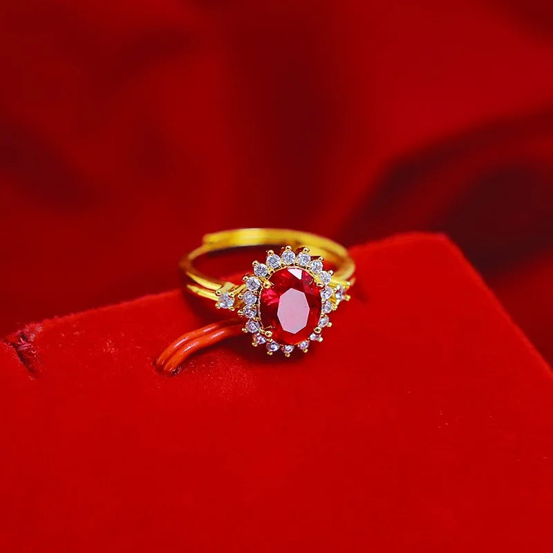 Anel de ouro 24k com granadas e cristal vermelho natural 9999, ajustável, joia feminina de ouro.