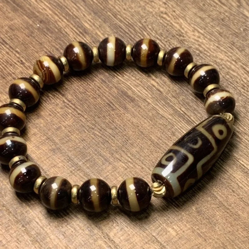 Pulseira de Ágata Brilhante Dzi Boutique, Pulseira Tibetana de Nove Olhos para Homens e Mulheres