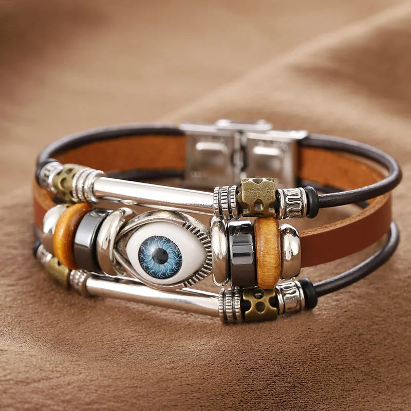 Mal olhado fatima mão charme pulseiras para mulheres homens pulseira de couro genuíno turco azul olho pulseira sorte mão jóias presentes