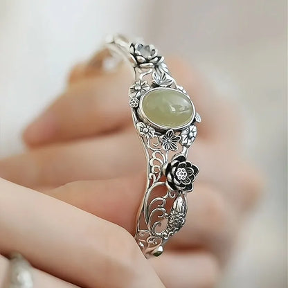 925 prata vintage flor de lótus koi pulseiras para mulheres oco esculpido natural hotan jade verde pulseira banquete jóias