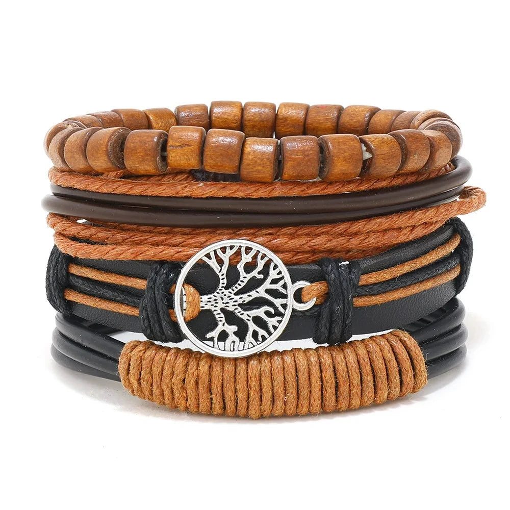 Pulseira de couro boêmio masculina, pulseira tecida à mão, pulseira de contas de madeira para homens, pulseira com pingente, joias masculinas