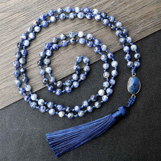Nova oração 108 mala contas borla pingente colar 6mm ponto branco azul pedra natural pulseira & pulseira corrente jóias presente amigo
