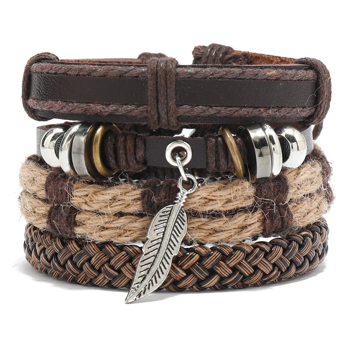 Pulseira de couro boêmio masculina, pulseira tecida à mão, pulseira de contas de madeira para homens, pulseira com pingente, joias masculinas