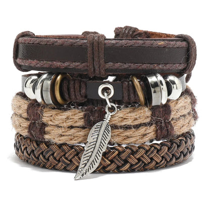Pulseira de couro boêmio masculina, pulseira tecida à mão, pulseira de contas de madeira para homens, pulseira com pingente, joias masculinas