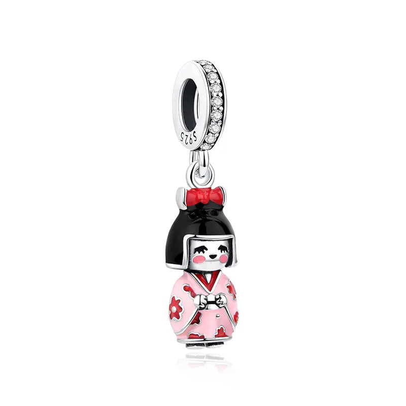 Charms Originais de Prata Esterlina 925, Pingente de Gato da Sorte, Boneca Japonesa, Presente de Ano Novo, Pulseiras e Colares para Mulheres, Joias