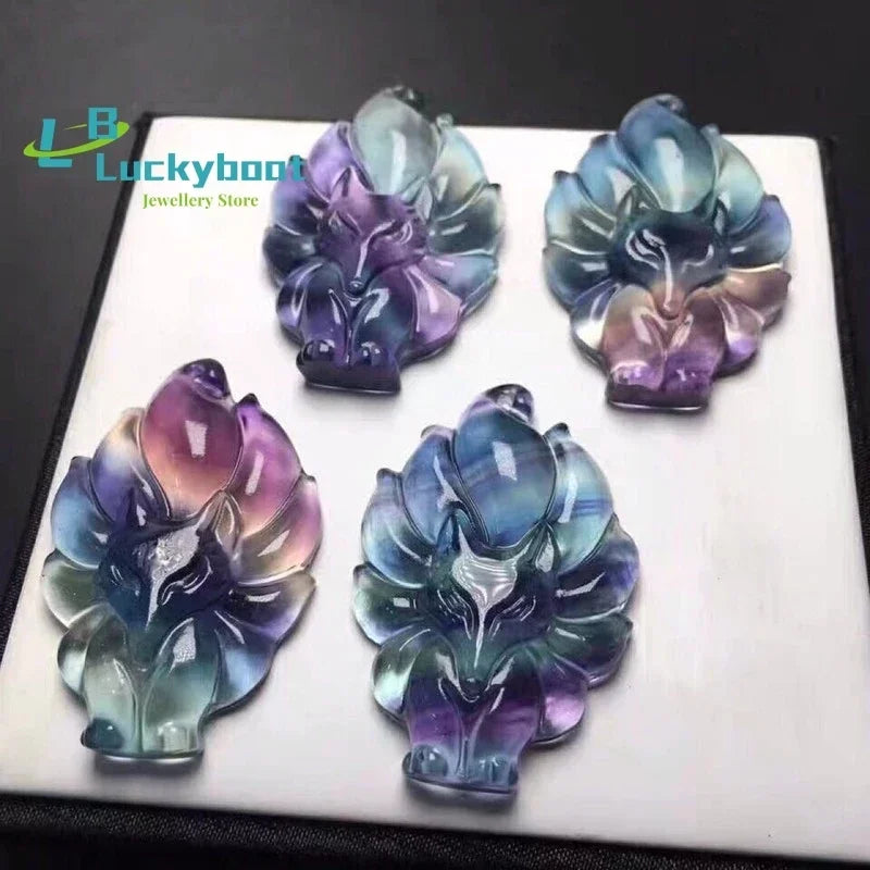 Pingente de Jade em Forma de Raposa de Nove Caudas Esculpido à Mão em Fluorita Natural, Joias de Boutique da Moda, Colar de Raposa para Homens e Mulheres, Presente