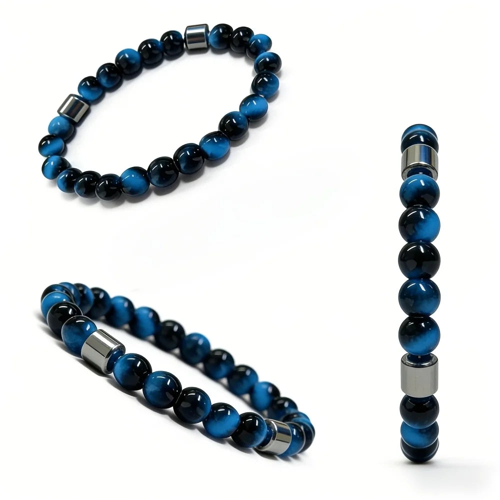 1PC Pulseira Elástica Minimalista Unissex - Synth. Contas de Olho de Tigre Azul e Pedra Preta, Uso Diário, Presente para Família e Amigos