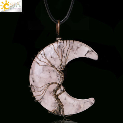 CSJA-Cristal Natural Colar de Pingentes, Lua Crescente Árvore da Vida, Quartzo Rosa, Natural Pedra Chip, Talão Pingentes de Resina, Jóias H151