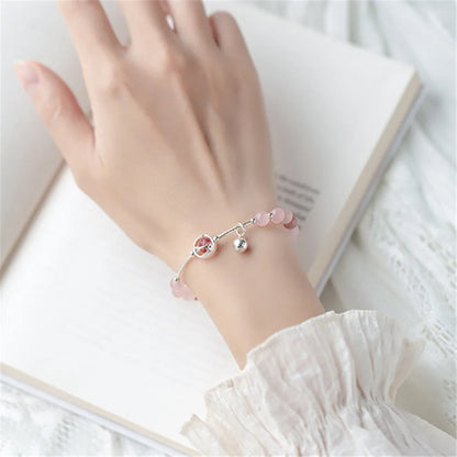 S925 Pulseira de prata Pingente de sino para mulheres, quartzo morango natural, quartzo rosa, artesanal, romântico, joias finas, presente para menina