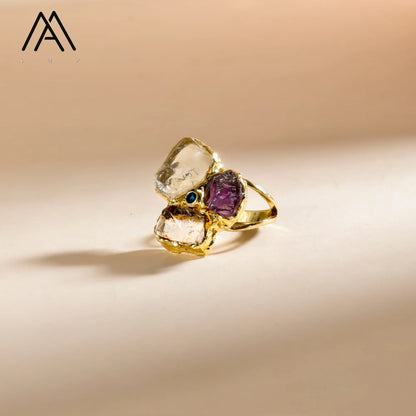 Anéis clássicos de ametista natural, quartzo branco, zircônia, pedra preciosa, joia banhada a ouro 18k, anel de dedo feminino, festa de casamento ajustável