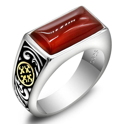 Novo Anel Masculino Retrô de Prata Esterlina 925 com Moeda Dourada e Ágata Vermelha Quadrada Curva, Joia de Moda Turca e do Oriente Médio