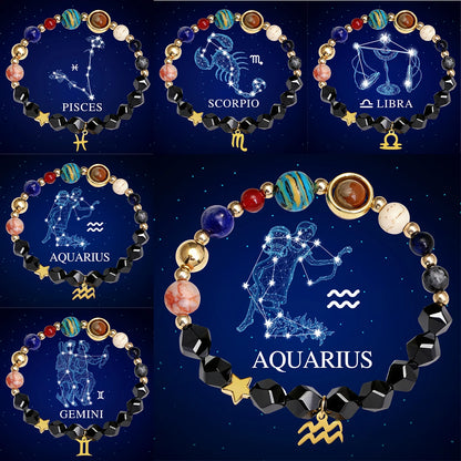 Pulseira do Sistema Solar com 12 Constelações, Pulseira de Pedra Natural, Pulseira de Pedra Preta, Design Planetário, Moda para Uso Diário