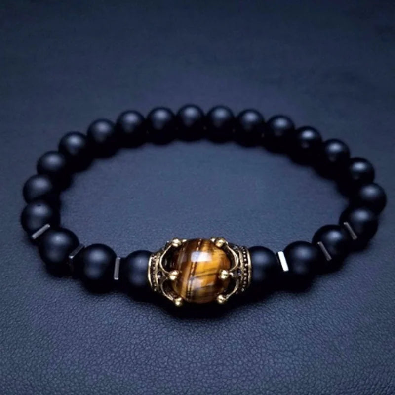 Nova Pulseira Masculina de Moda com Coroa, Contas de Pedra Natural, Olho de Tigre, Lava e Lápis Lazúli