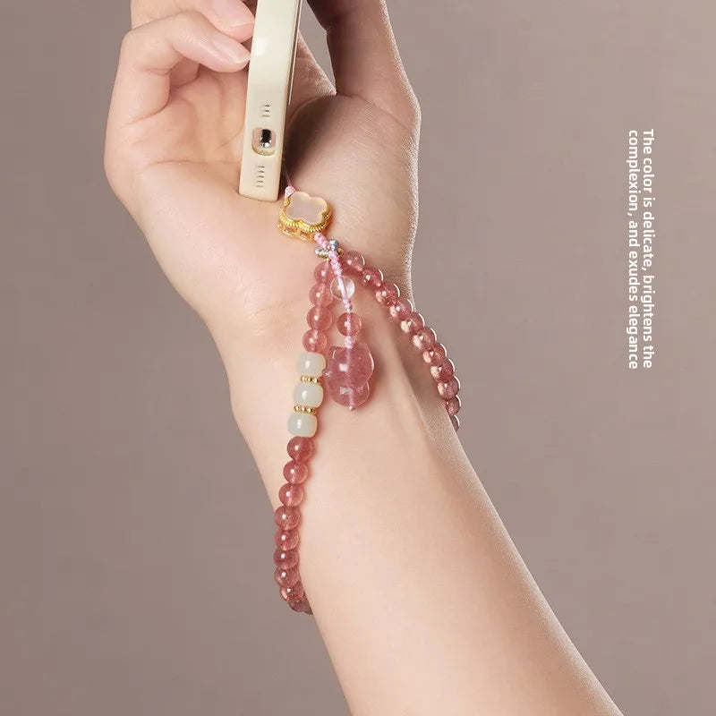 Pingente de Raposa em Quartzo Morango Natural Estilo Chinês com Cordão para Celular, Alça de Pulso em Jade Hetian e Âmbar, Decoração para Boa Sorte e Bênção