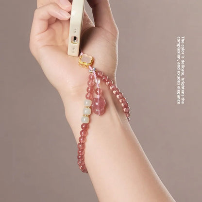 Pingente de Raposa em Quartzo Morango Natural Estilo Chinês com Cordão para Celular, Alça de Pulso em Jade Hetian e Âmbar, Decoração para Boa Sorte e Bênção
